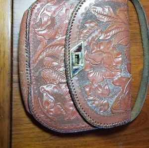 Vintage handmade tooled leather handbag